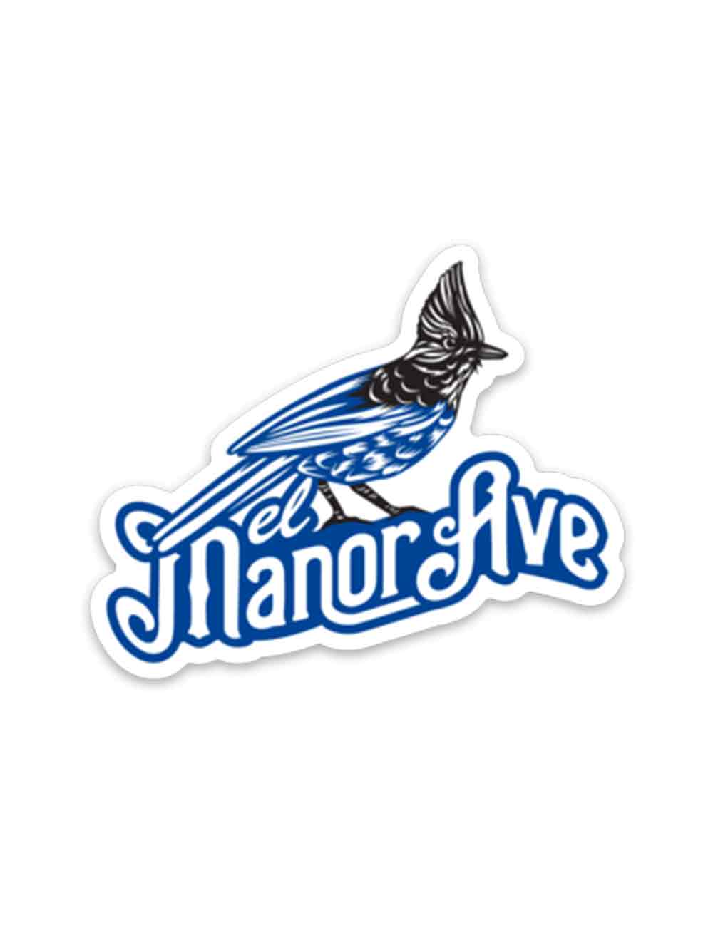 Die cut vinyl sticker of the El Manor Ave logo. This features a steller's jay and the words El Manor Ave in blue, white, and black.